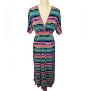 Sunkissed vertical striped, half sleeve, V-neck multicolored maxi dress.